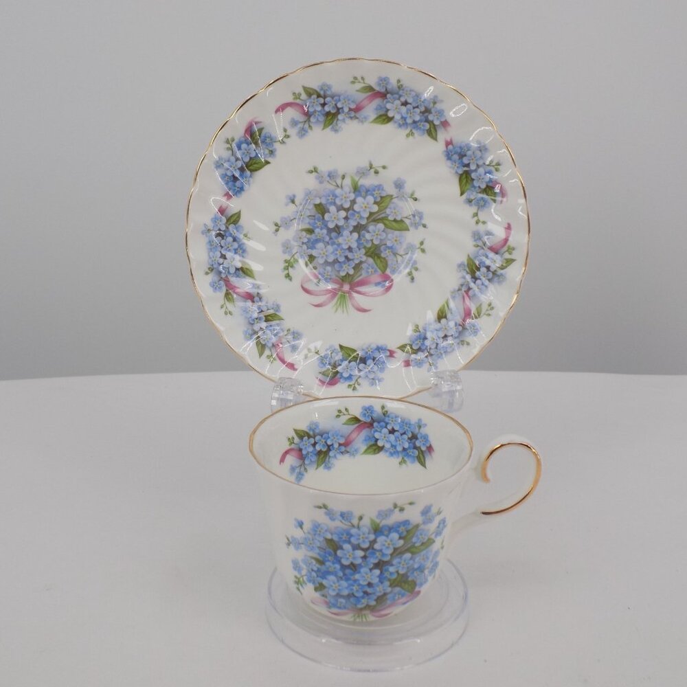 Allyn Nelson Collection China Cup Saucer Forget Me Nots Blue Flowers Pink Ribbon
